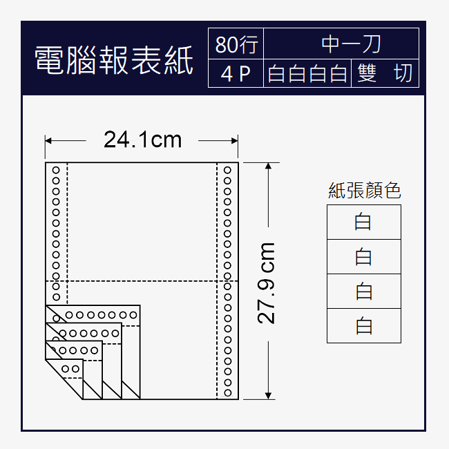 電腦報表紙 80行x4P 四聯/白白白白/中一刀